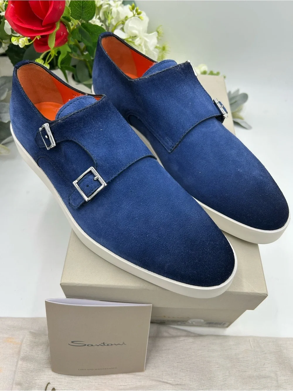 Men's Santoni blue suede Atlantis double Monk strap shoes size 9 US made Italy